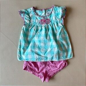 GAP embroidered gingham top w/ pink linen blend shorts set